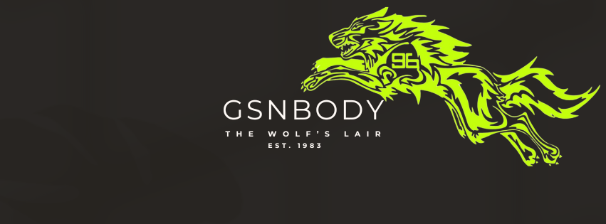GSNBody logo - The Wolf's Lair fitness philosophy established 1983 with neon green wolf